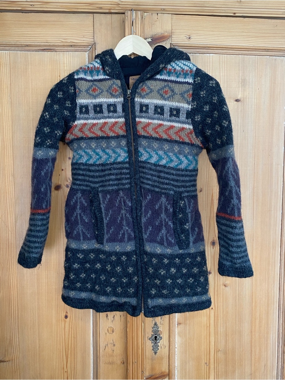 Wool Hooded Knit Sweater Coat | Multicolor Zip-Up Jacket | Boho Cozy Layer